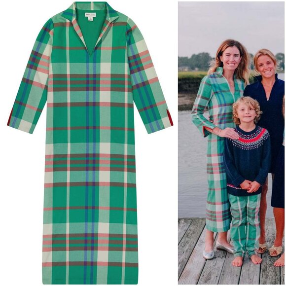 NWT Petit Peony Kate Caftan in Kensington Plaid M medium green dress maxi - Picture 2 of 11
